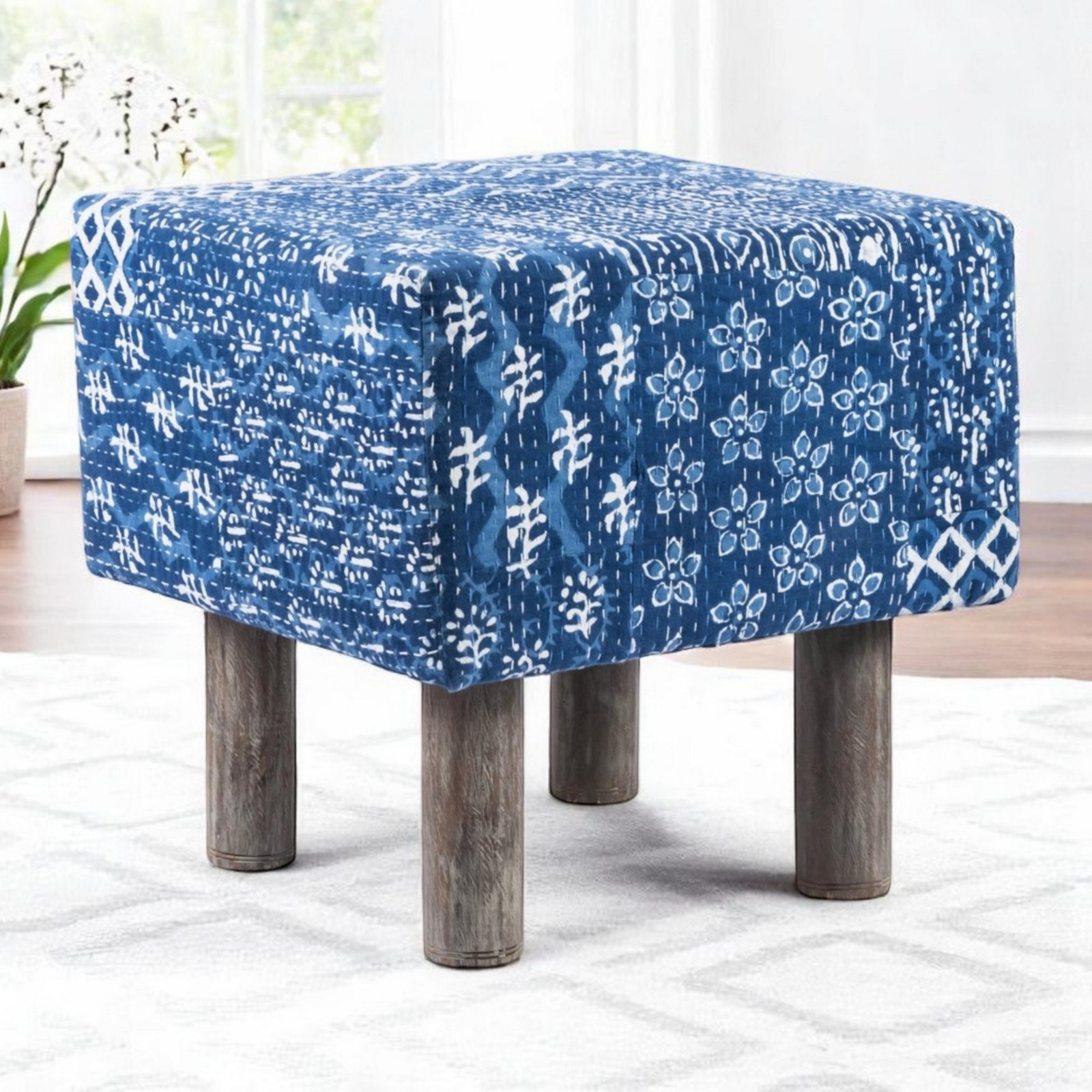 Ikiriya Verona Acacia Wood Mid Century Square Pouf Stool in indigo Patchwork Kantha Upholstery