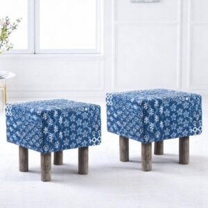 Ikiriya Verona Acacia Wood Mid Century Square Set of 2 Pouf Stools in indigo Patchwork Kantha Upholstery