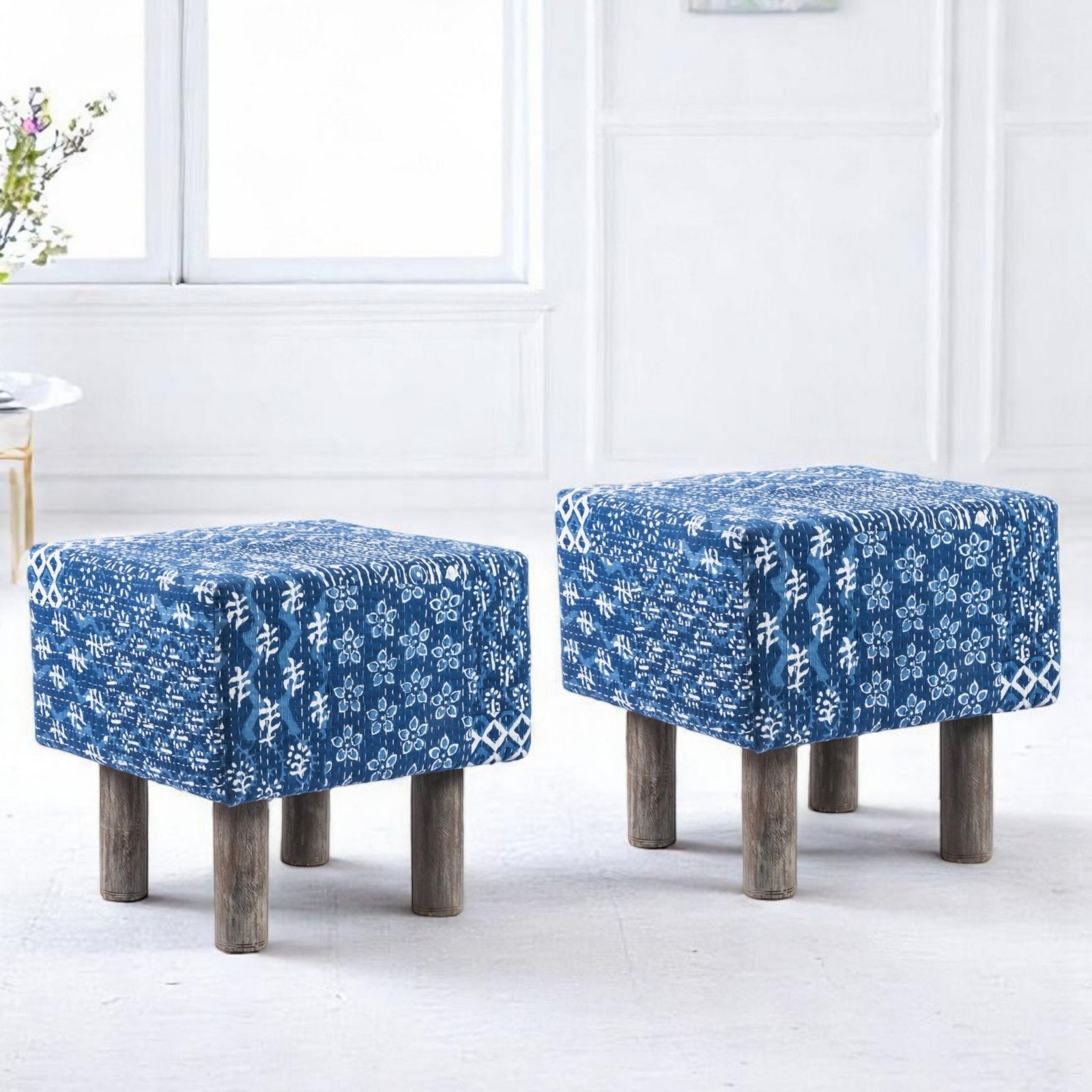 Ikiriya Verona Acacia Wood Mid Century Square Set of 2 Pouf Stools in indigo Patchwork Kantha Upholstery