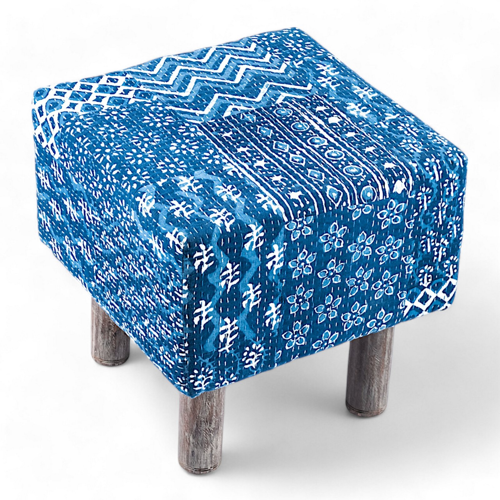 Ikiriya Verona Acacia Wood Mid Century Square Set of 2 Pouf Stools in indigo Patchwork Kantha Upholstery - Image 2
