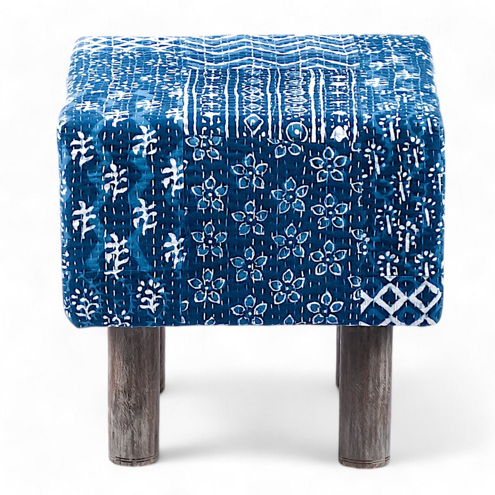 Ikiriya Verona Acacia Wood Mid Century Square Set of 2 Pouf Stools in indigo Patchwork Kantha Upholstery - Image 3