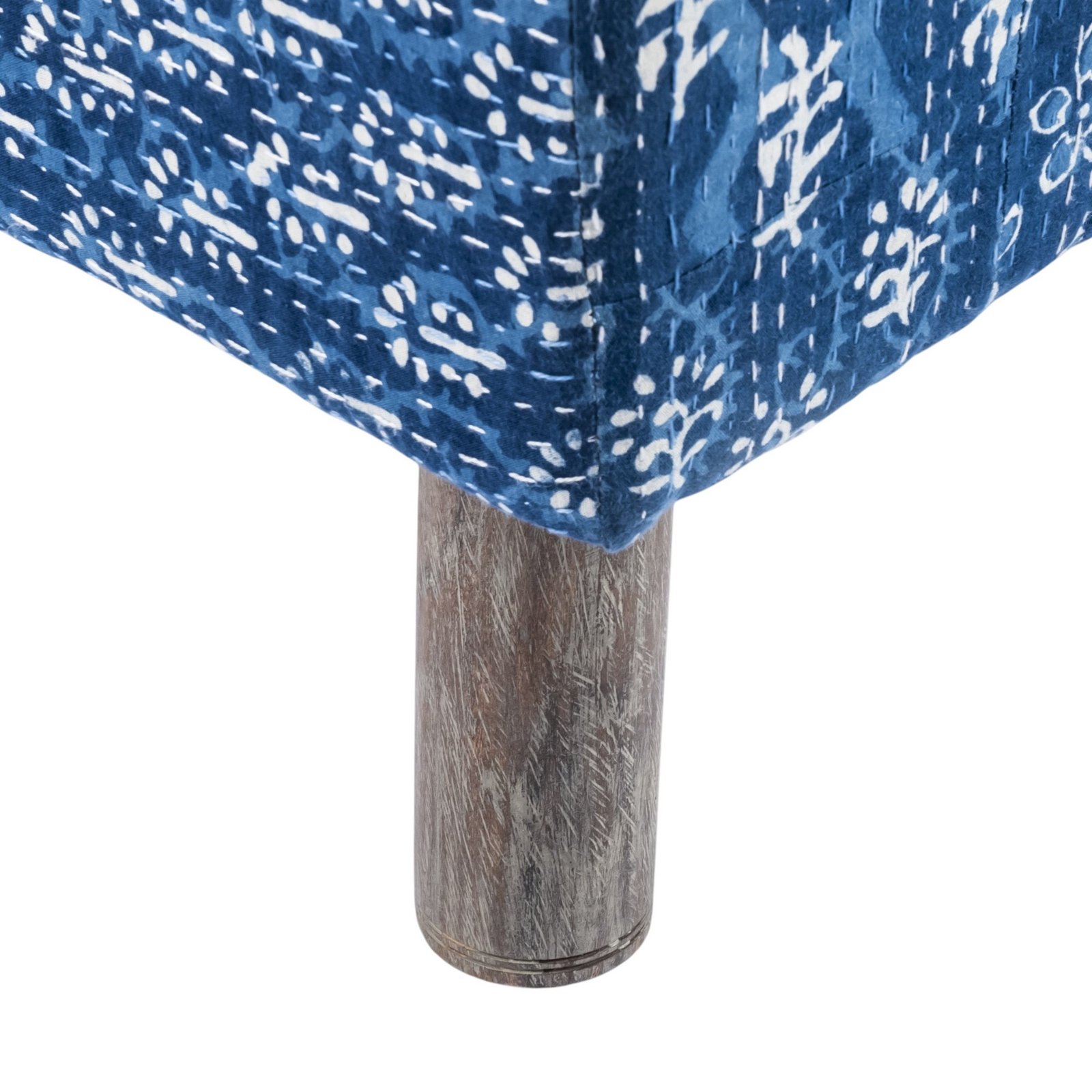 Ikiriya Verona Acacia Wood Mid Century Square Set of 2 Pouf Stools in indigo Patchwork Kantha Upholstery - Image 4