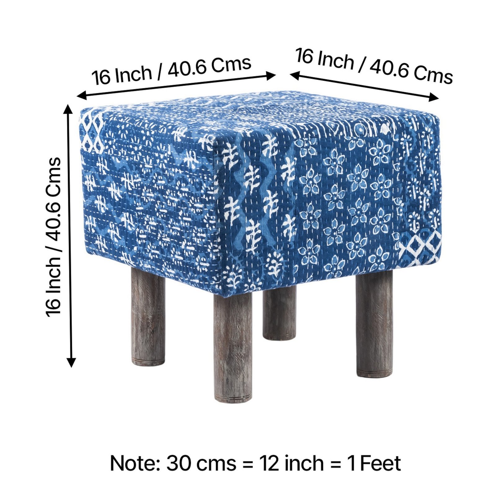 Ikiriya Verona Acacia Wood Mid Century Square Set of 2 Pouf Stools in indigo Patchwork Kantha Upholstery - Image 5