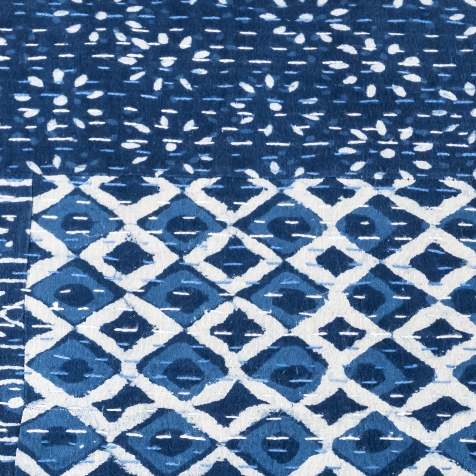 Ikiriya Verona Acacia Wood Mid Century Square Set of 2 Pouf Stools in indigo Patchwork Kantha Upholstery - Image 8