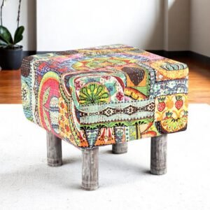Ikiriya Verona Acacia Wood Bohemian Square Pouf Stool in Israel Print Patchwork Kantha Upholstery