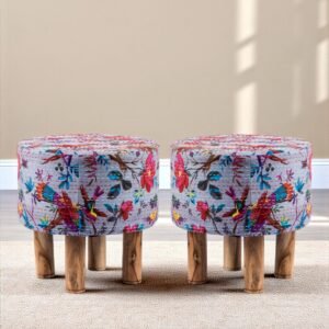 Ikiriya Morgan Acacia Wood Mid Century Round Set of 2 Pouf Stools in Grey Brid Print Kantha Upholstery