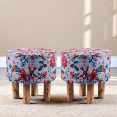 Ikiriya Morgan Acacia Wood Mid Century Round Set of 2 Pouf Stools in Grey Brid Print Kantha Upholstery