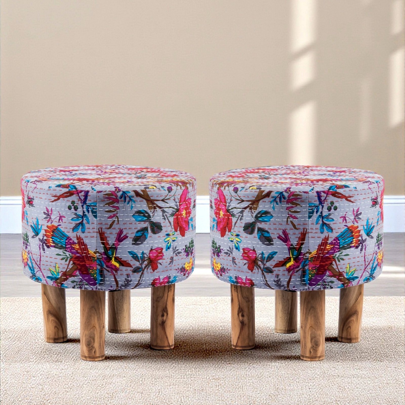 Ikiriya Morgan Acacia Wood Mid Century Round Set of 2 Pouf Stools in Grey Brid Print Kantha Upholstery