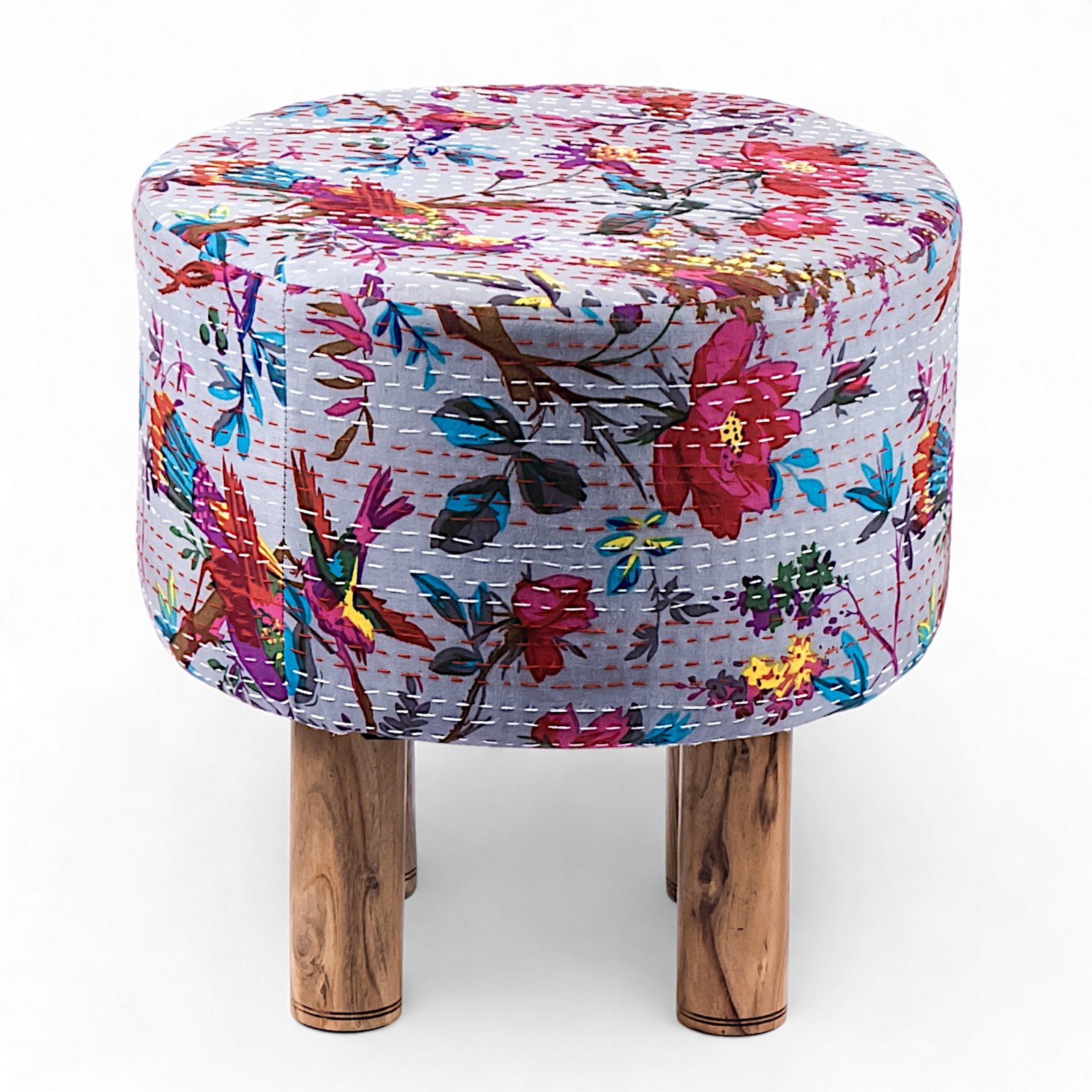 Ikiriya Morgan Acacia Wood Mid Century Round Set of 2 Pouf Stools in Grey Brid Print Kantha Upholstery - Image 2
