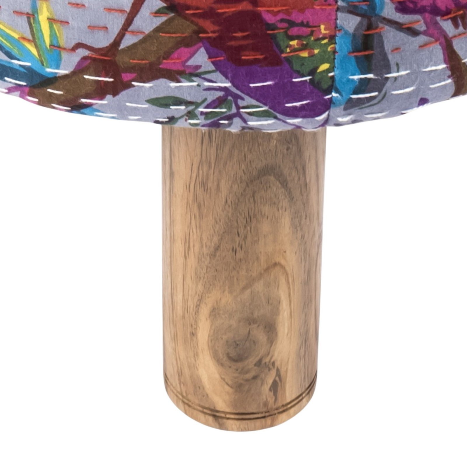 Ikiriya Morgan Acacia Wood Mid Century Round Set of 2 Pouf Stools in Grey Brid Print Kantha Upholstery - Image 3