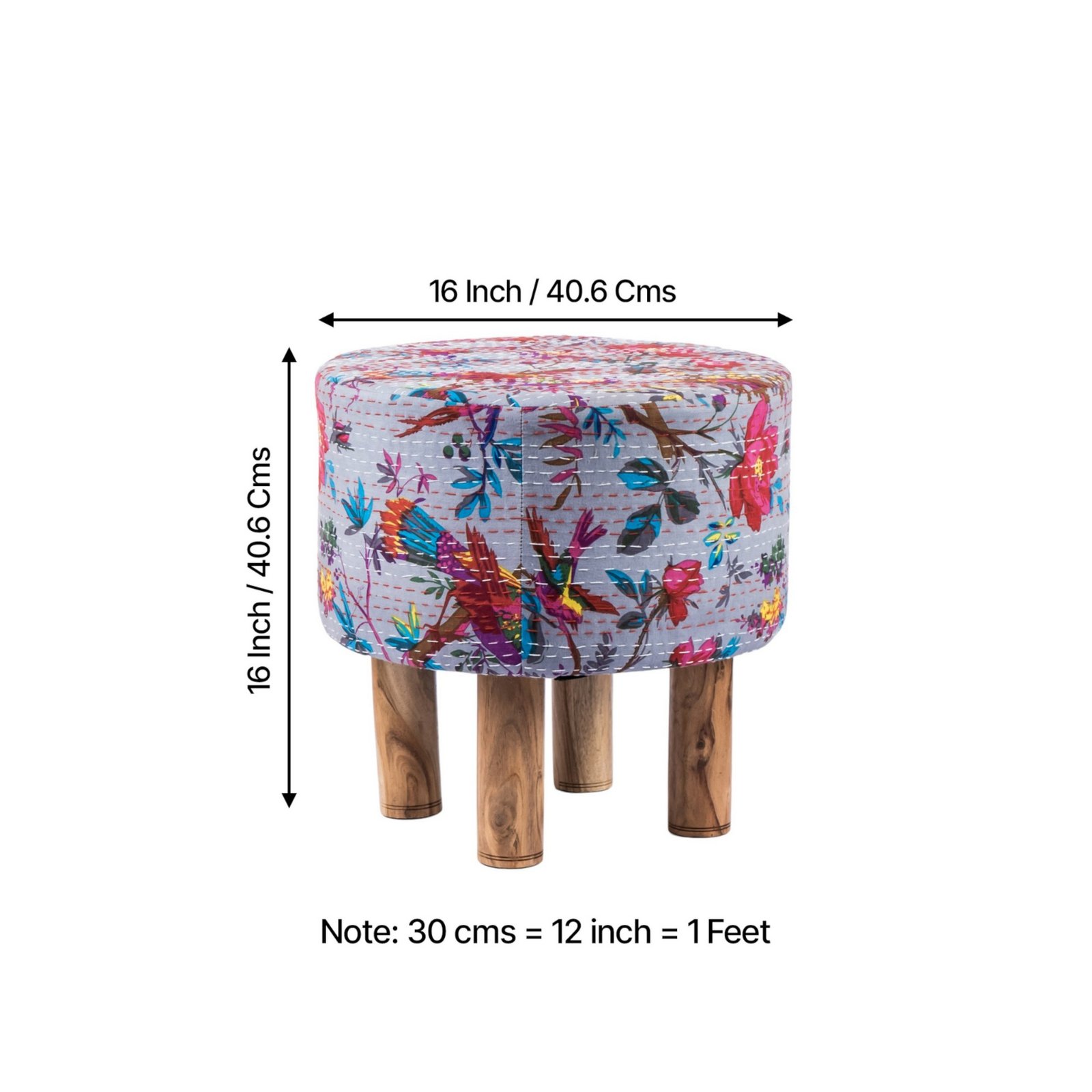 Ikiriya Morgan Acacia Wood Mid Century Round Set of 2 Pouf Stools in Grey Brid Print Kantha Upholstery - Image 4