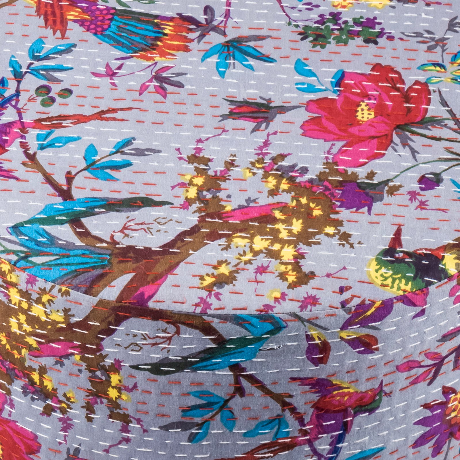 Ikiriya Morgan Acacia Wood Mid Century Round Set of 2 Pouf Stools in Grey Brid Print Kantha Upholstery - Image 8