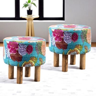 Ikiriya Morgan Acacia Wood Mid Century Round Set of 2 Pouf Stools in Sea Green Fruit Print Kantha Upholstery