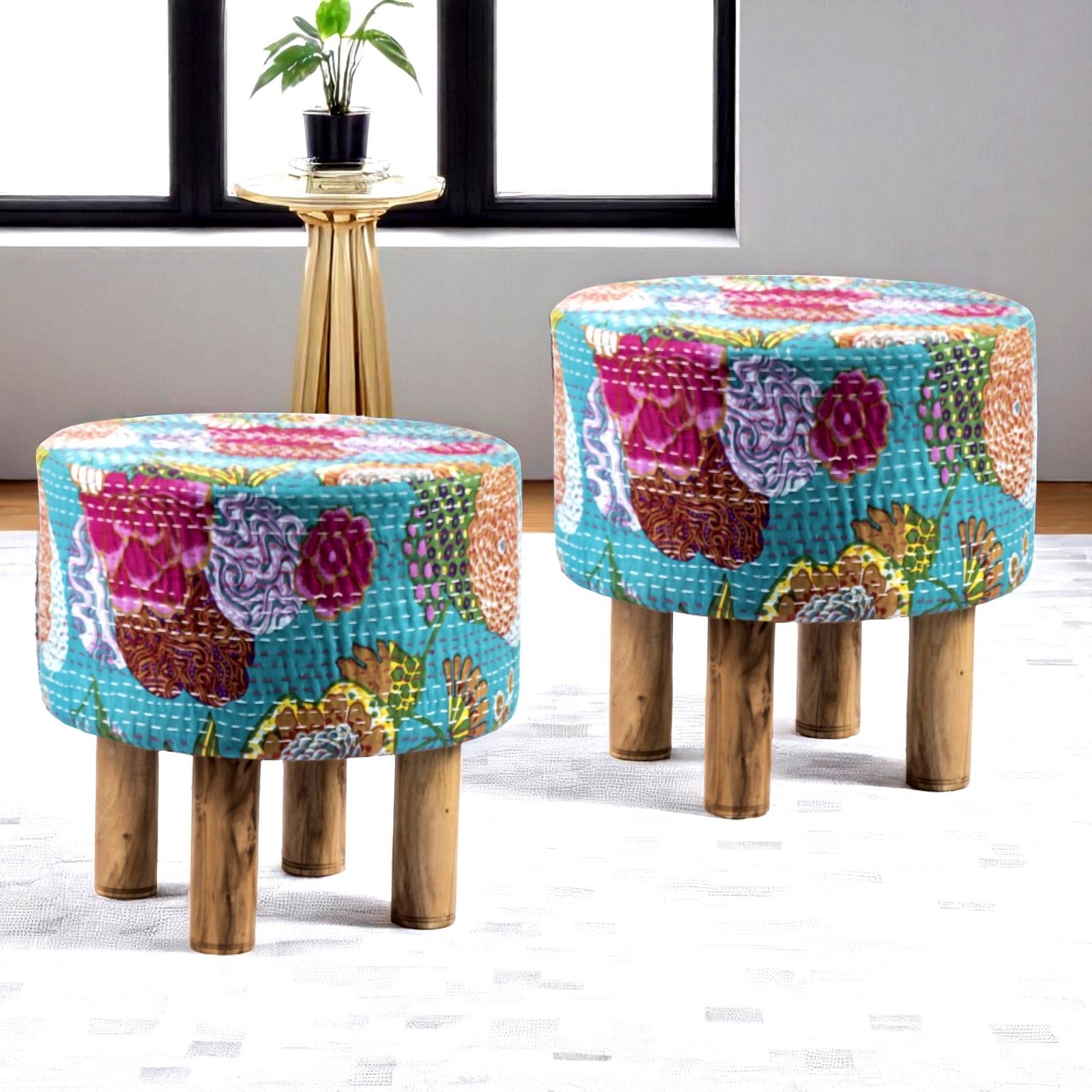 Ikiriya Morgan Acacia Wood Mid Century Round Set of 2 Pouf Stools in Sea Green Fruit Print Kantha Upholstery