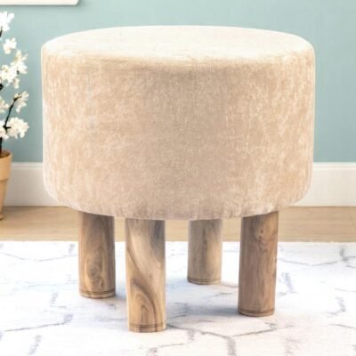 Ikiriya Morgan Acacia Wood Accent Round Pouf Stool in Beige Sparkle Velvet Upholstery