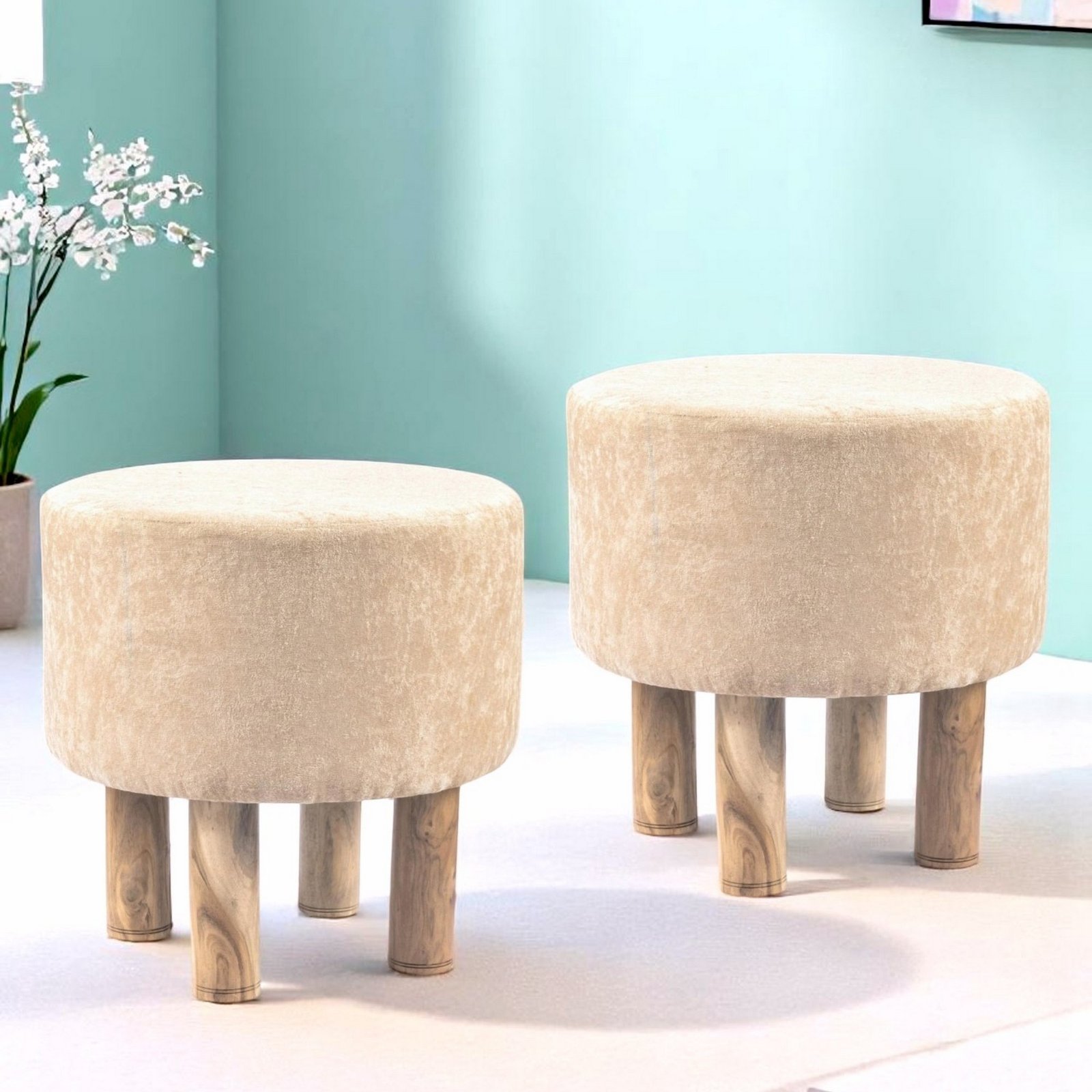 Ikiriya Morgan Acacia Wood Accent Round Set of 2 Pouf Stools in Beige Sparkle Velvet Upholstery