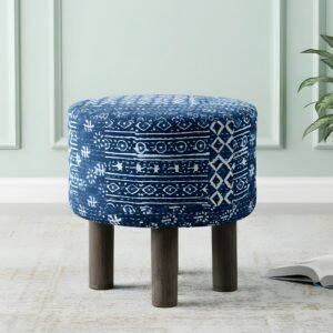 Ikiriya Morgan Acacia Wood Mid Century Round Pouf Stool in indigo Patchwork Kantha Upholstery