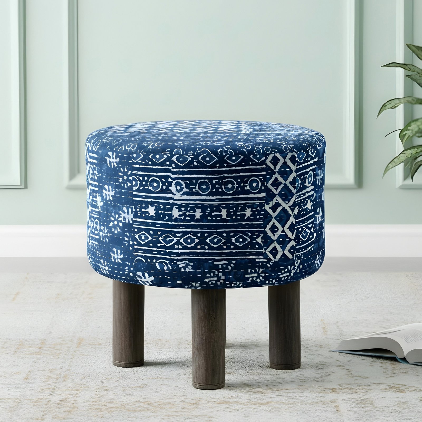 Ikiriya Morgan Acacia Wood Mid Century Round Pouf Stool in indigo Patchwork Kantha Upholstery