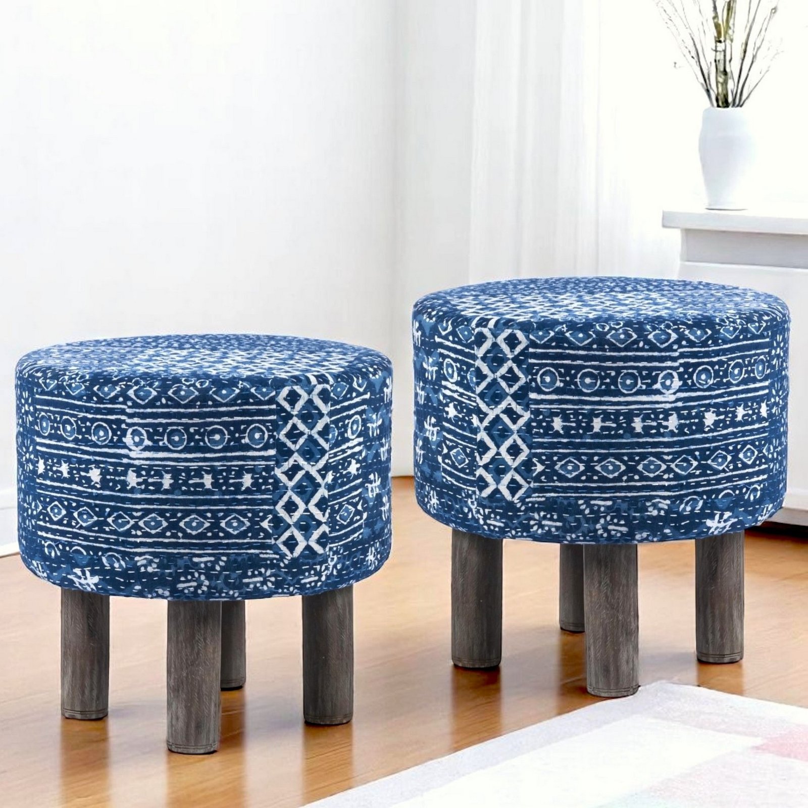 Ikiriya Morgan Acacia Wood Mid Century Round Set of 2 Pouf Stools in indigo Patchwork Kantha Upholstery
