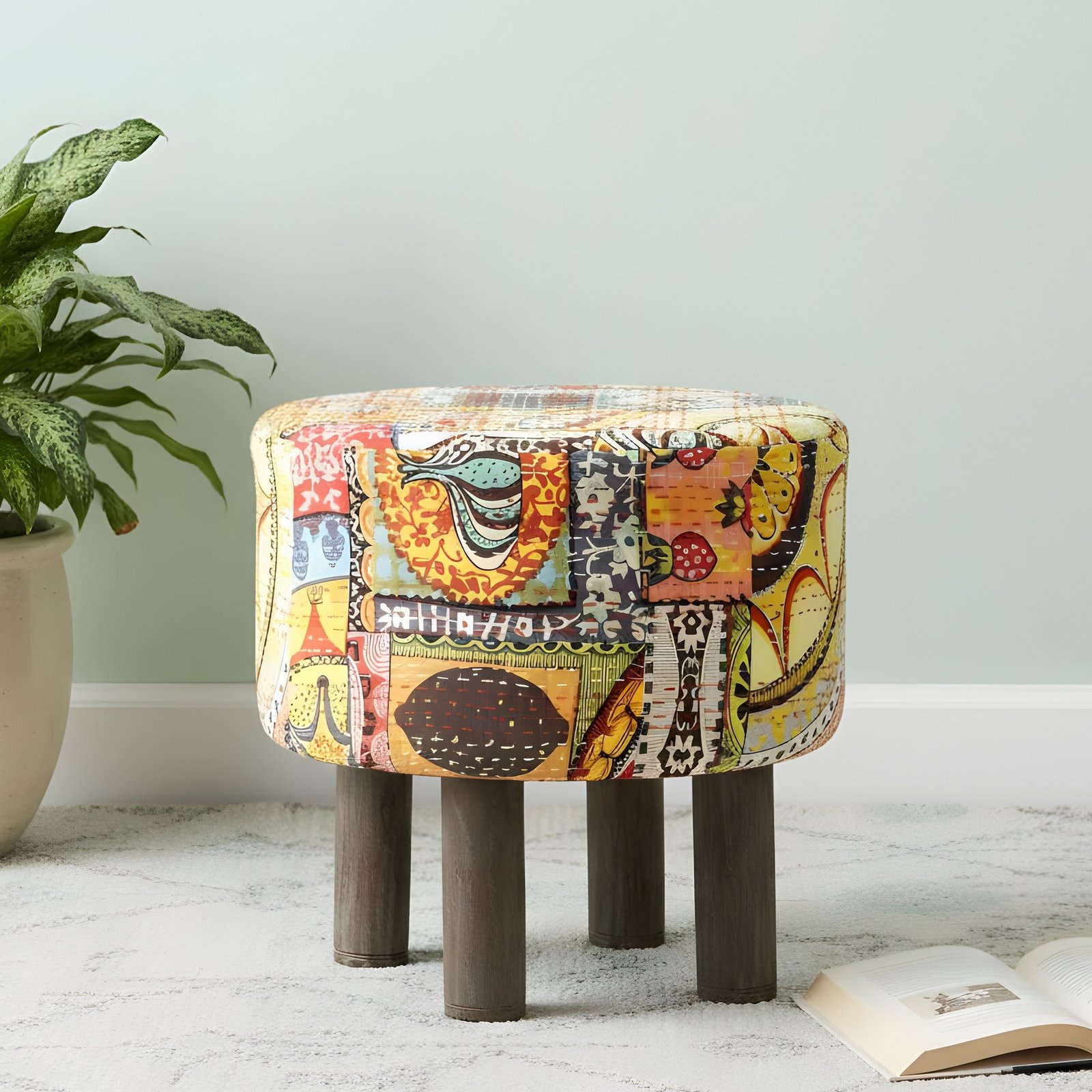 Ikiriya Morgan Acacia Wood Bohemian Round Pouf Stool in Israel Print Patchwork Kantha Upholstery