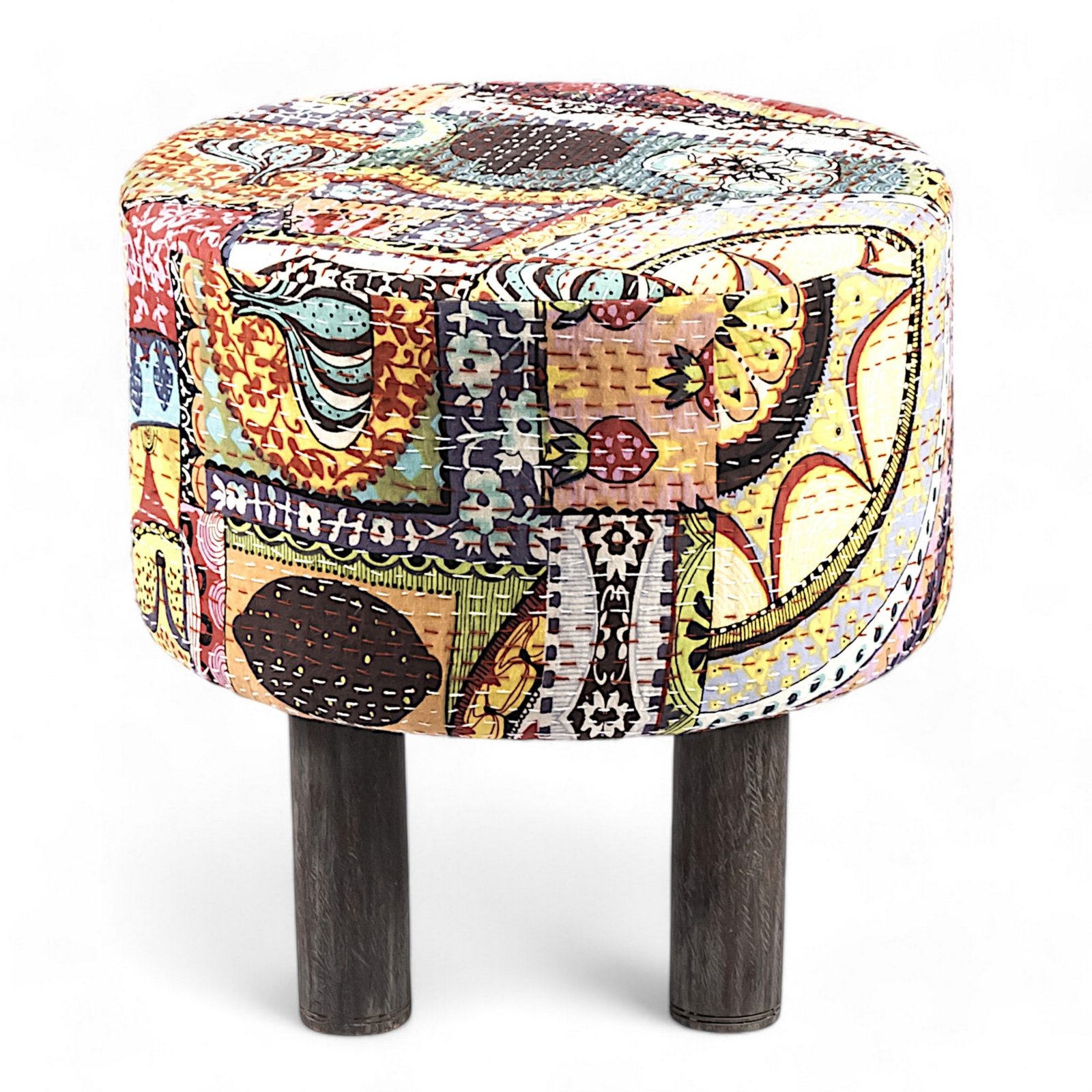 Ikiriya Morgan Acacia Wood Bohemian Round Pouf Stool in Israel Print Patchwork Kantha Upholstery - Image 2
