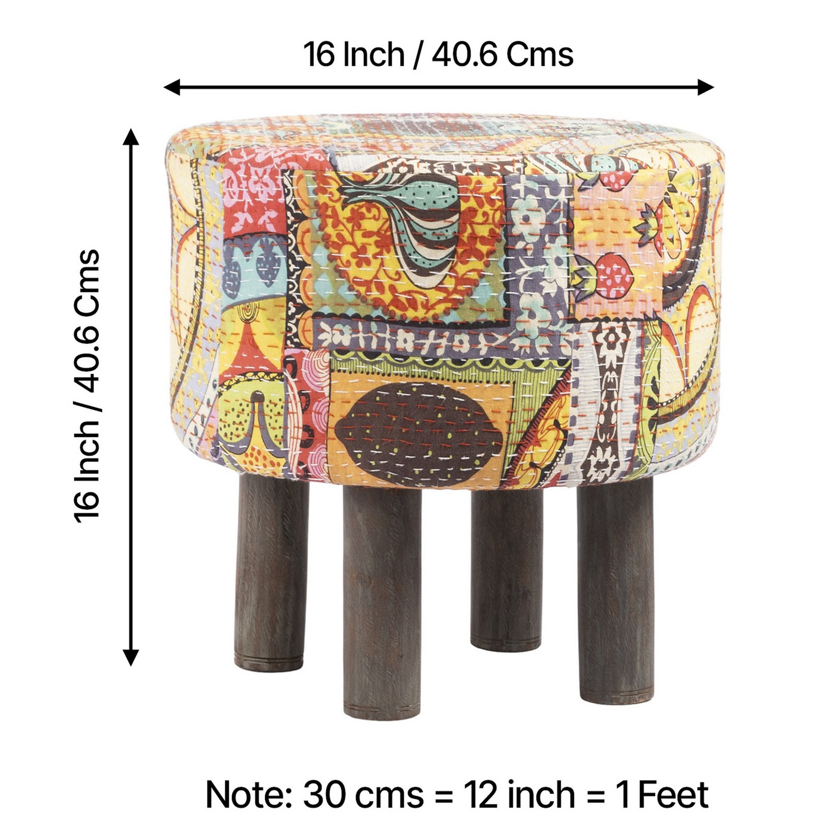 Ikiriya Morgan Acacia Wood Bohemian Round Pouf Stool in Israel Print Patchwork Kantha Upholstery - Image 4