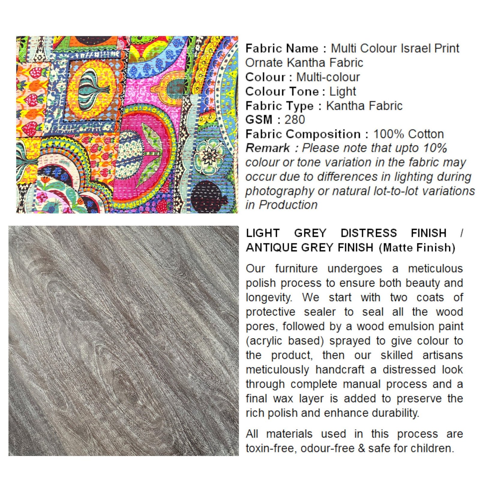 Ikiriya Morgan Acacia Wood Bohemian Round Pouf Stool in Israel Print Patchwork Kantha Upholstery - Image 5