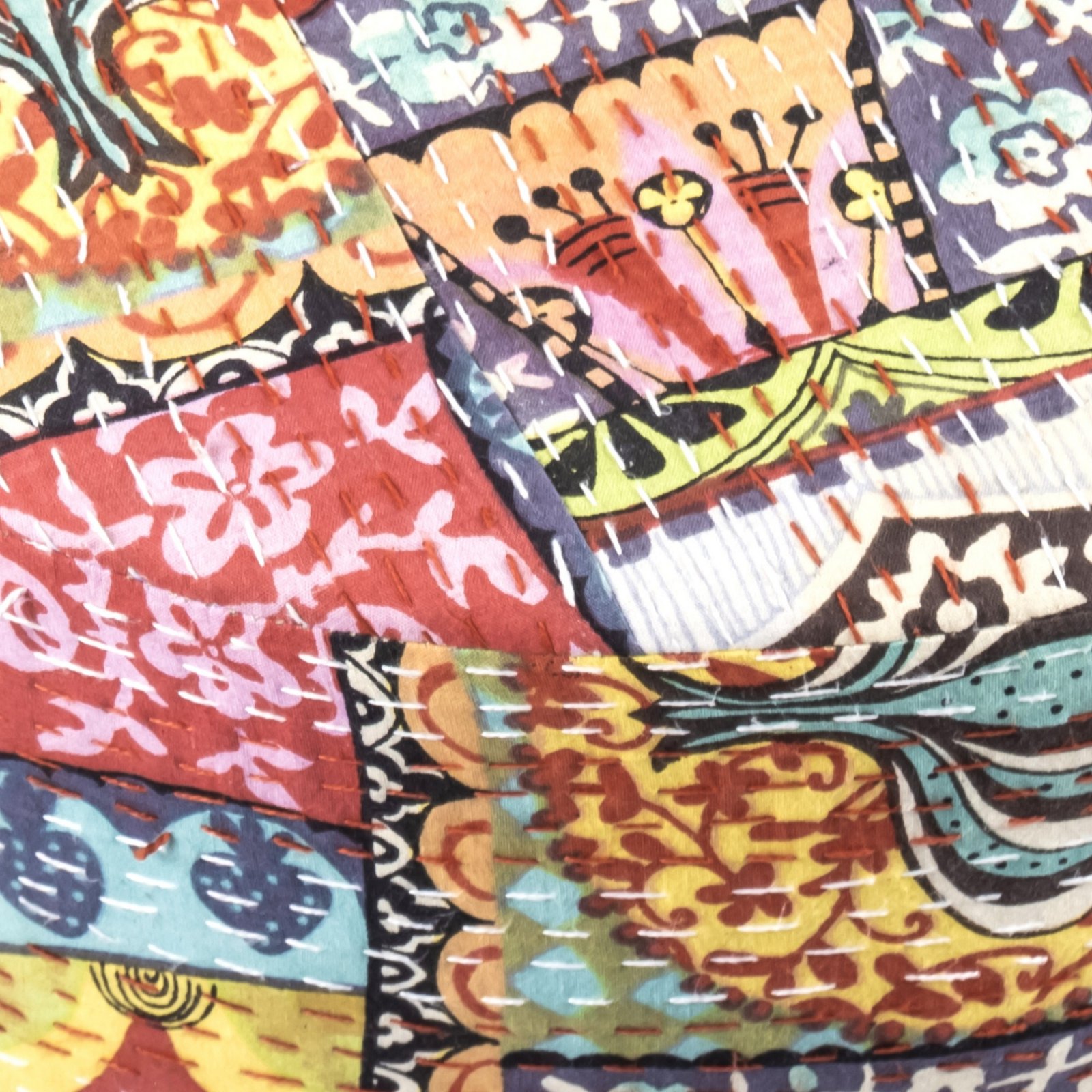 Ikiriya Morgan Acacia Wood Bohemian Round Pouf Stool in Israel Print Patchwork Kantha Upholstery - Image 8