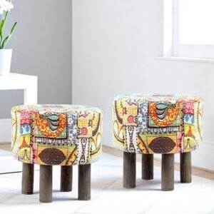 Ikiriya Morgan Acacia Wood Bohemian Round Set of 2 Pouf Stools in Israel Print Patchwork Kantha Upholstery