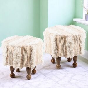 Ikiriya Louisville Acacia Wood Mid Century Round Set of 2 Pouf Stools in Beige Fabric with Fringes Upholstery