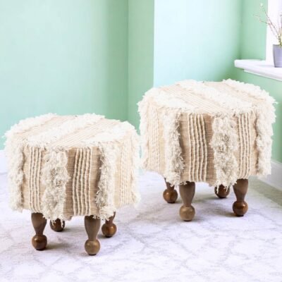 Ikiriya Louisville Acacia Wood Mid Century Round Set of 2 Pouf Stools in Beige Fabric with Fringes Upholstery