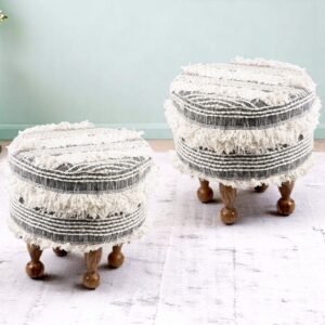 Ikiriya Louisville Acacia Wood Mid Century Round Set of 2 Pouf Stools in Grey Fabric with Fringes Upholstery