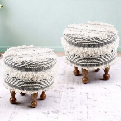 Ikiriya Louisville Acacia Wood Mid Century Round Set of 2 Pouf Stools in Grey Fabric with Fringes Upholstery