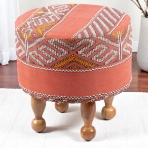 Ikiriya Louisville Acacia Wood Parisian Round Pouf Stool in Red Jacquard Work Fabric Upholstery
