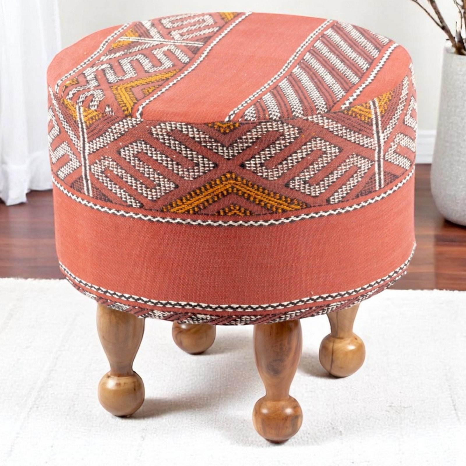 Ikiriya Louisville Acacia Wood Parisian Round Pouf Stool in Red Jacquard Work Fabric Upholstery