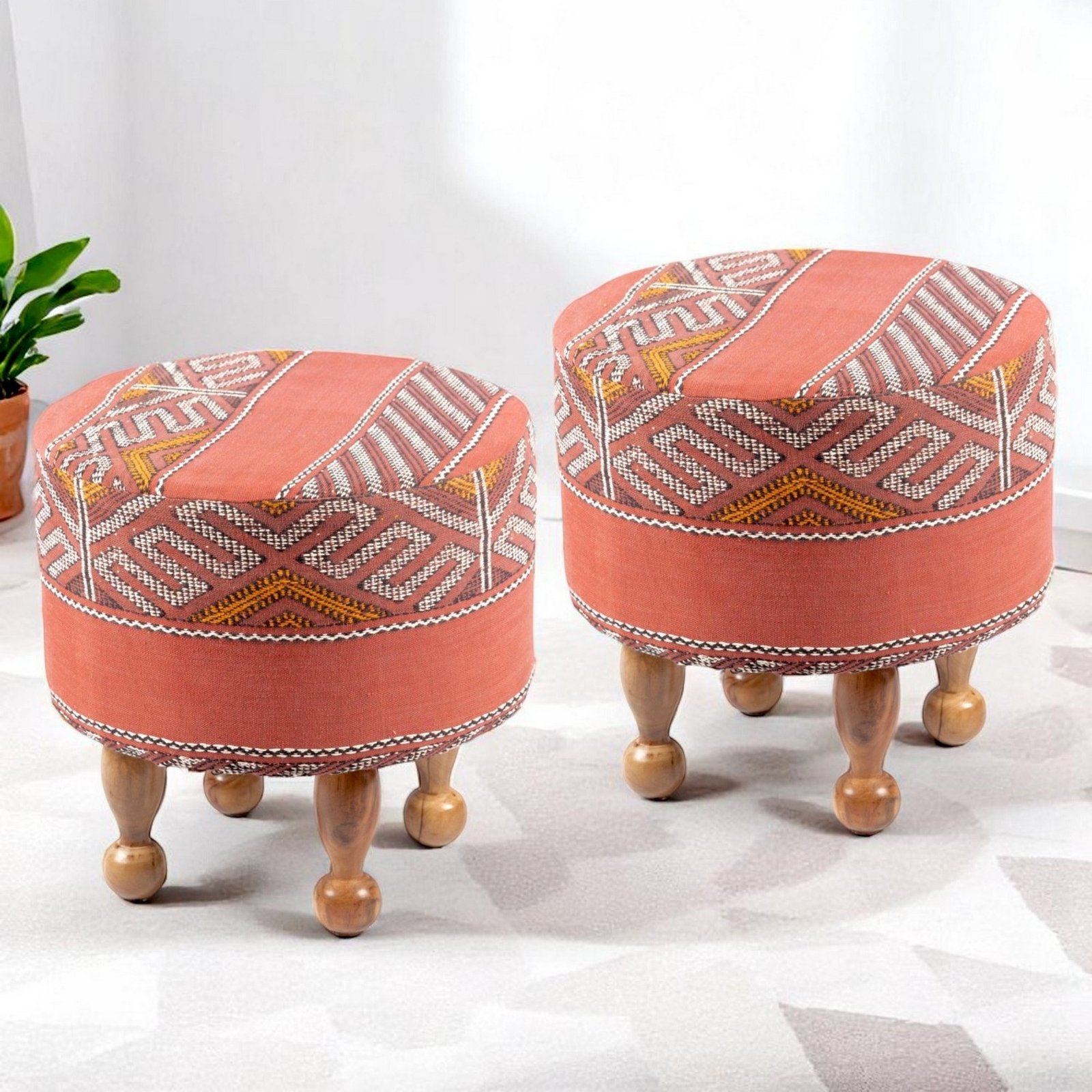 Ikiriya Louisville Acacia Wood Parisian Round Set of 2 Pouf Stools in Red Jacquard Work Fabric Upholstery