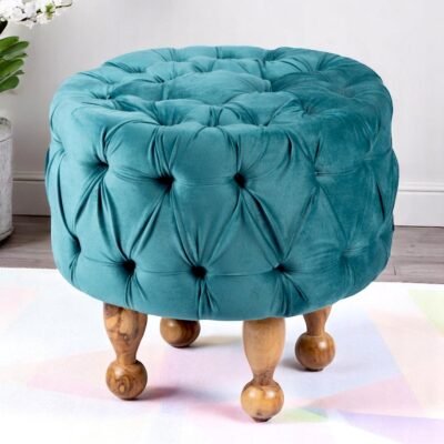 Ikiriya Louisville Acacia Wood Accent Round Pouf Stool in Turquoise Sea Velvet Upholstery
