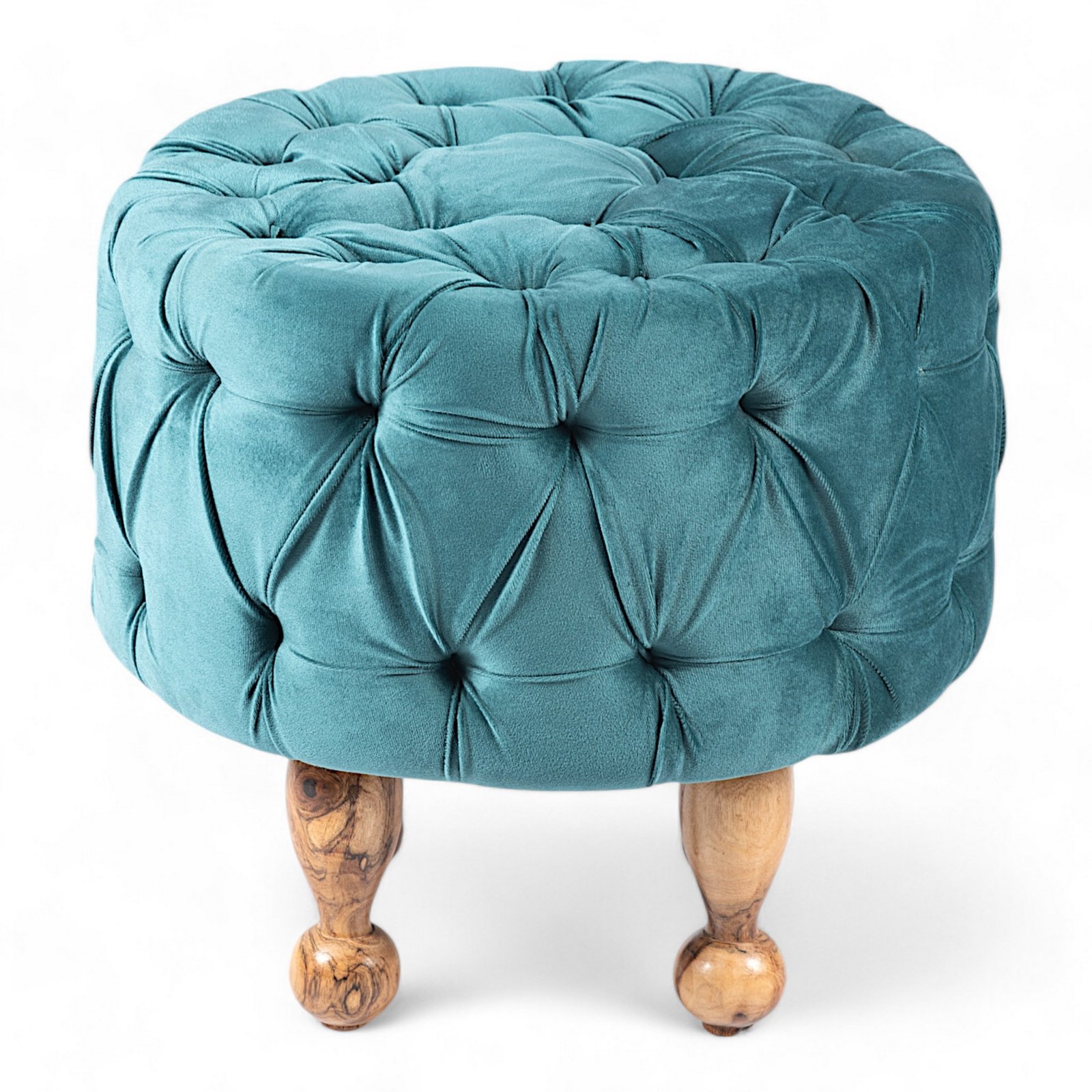 Ikiriya Louisville Acacia Wood Accent Round Pouf Stool in Turquoise Sea Velvet Upholstery - Image 2