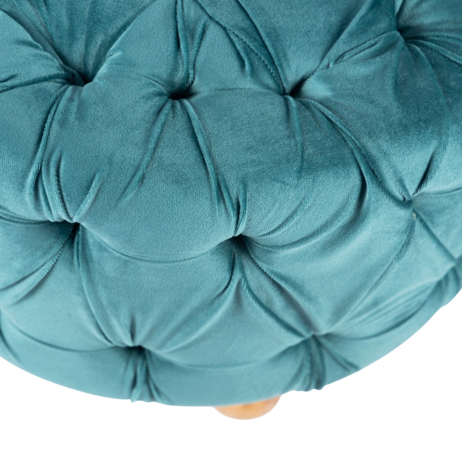 Ikiriya Louisville Acacia Wood Accent Round Pouf Stool in Turquoise Sea Velvet Upholstery - Image 3