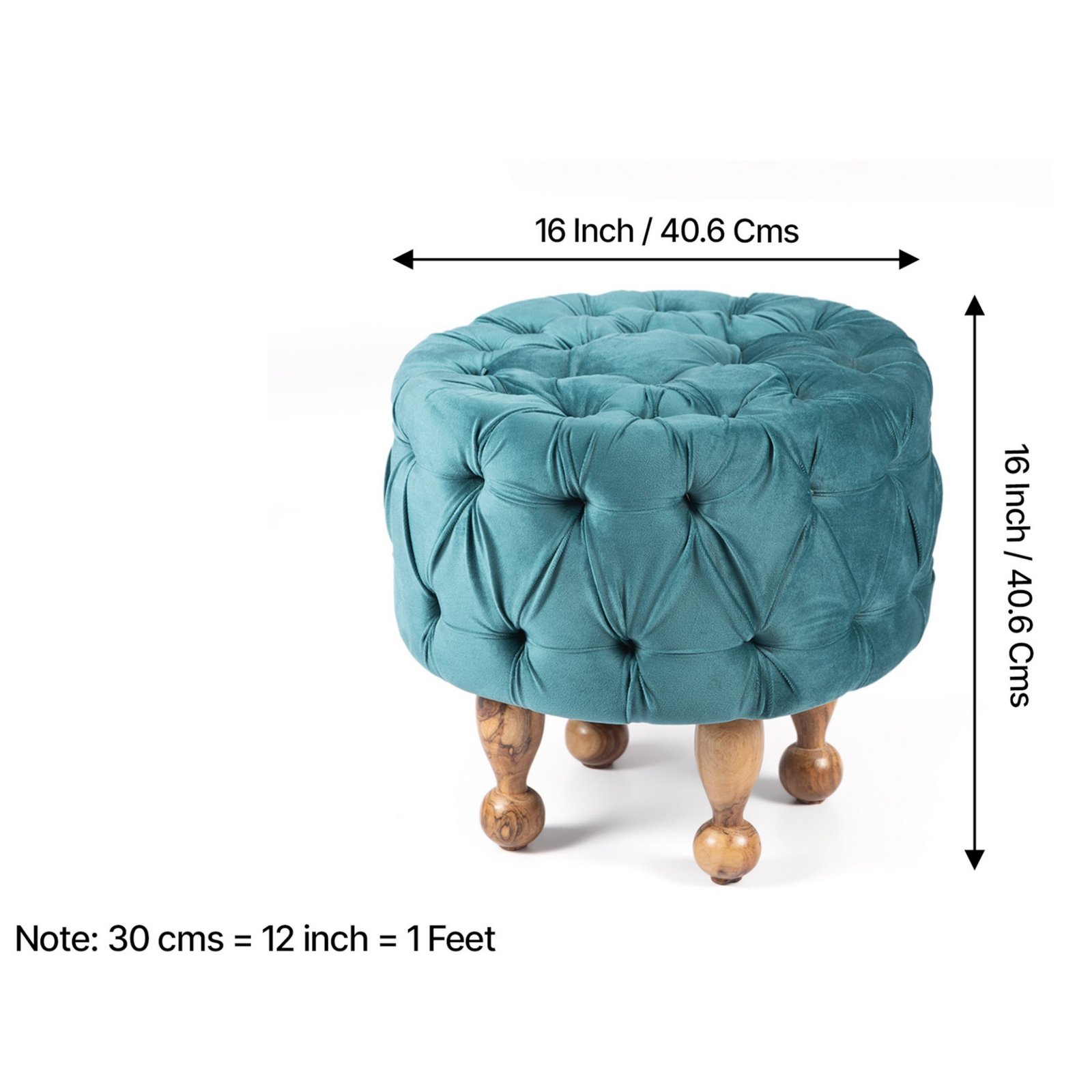 Ikiriya Louisville Acacia Wood Accent Round Pouf Stool in Turquoise Sea Velvet Upholstery - Image 4