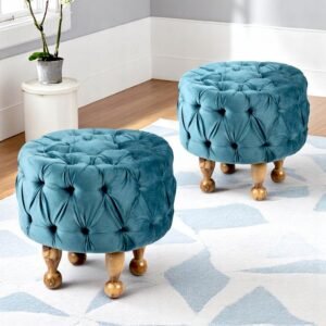 Ikiriya Louisville Acacia Wood Accent Round Set of 2 Pouf Stools in Turquoise Sea Velvet Upholstery
