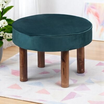 Ikiriya Sandford Acacia Wood Accent Round Pouf Stool in Turquoise Sea Velvet Upholstery