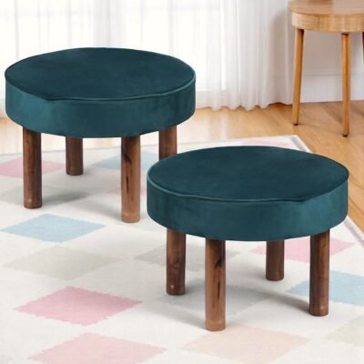 Ikiriya Sandford Acacia Wood Accent Round Set of 2 Pouf Stools in Turquoise Sea Velvet Upholstery