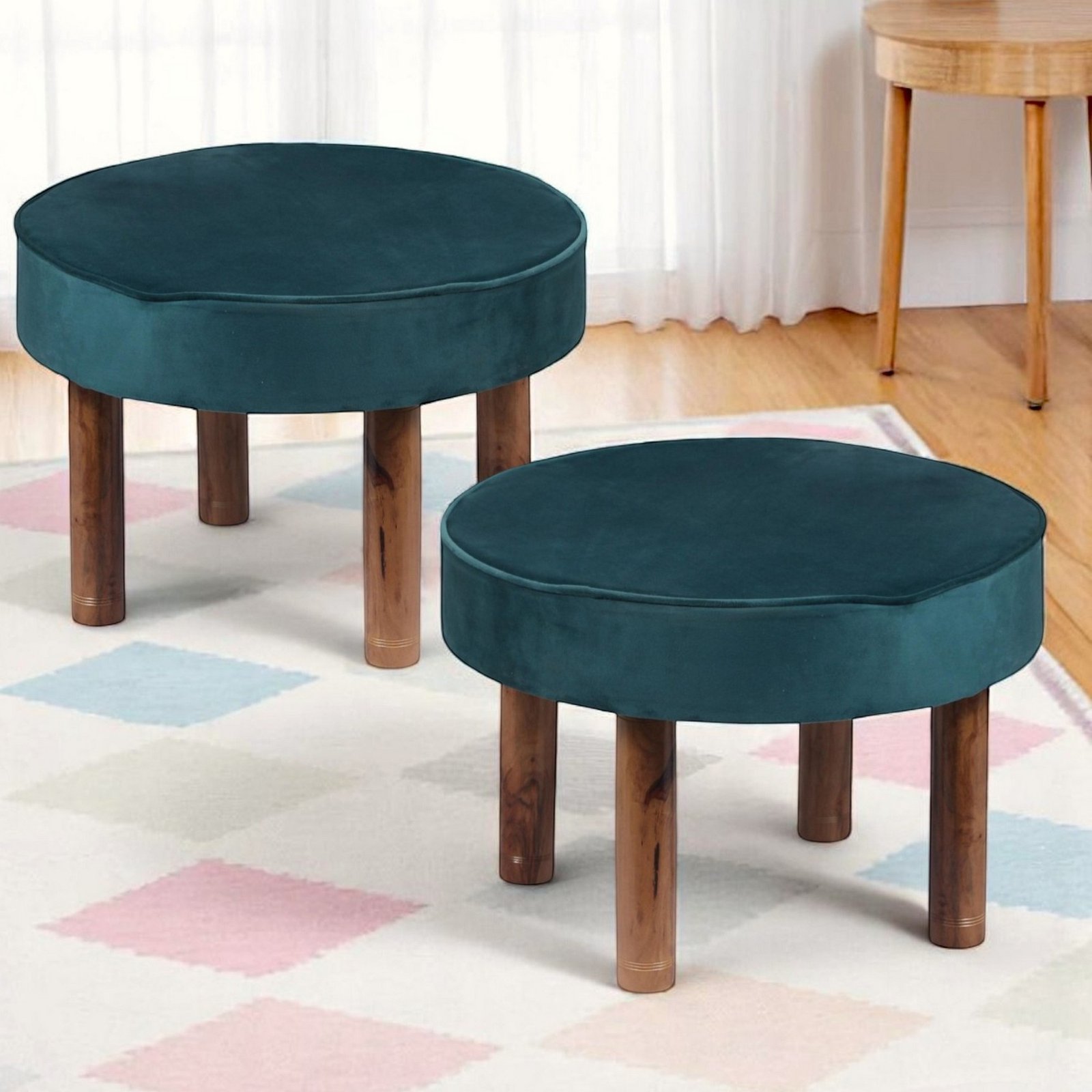 Ikiriya Sandford Acacia Wood Accent Round Set of 2 Pouf Stools in Turquoise Sea Velvet Upholstery