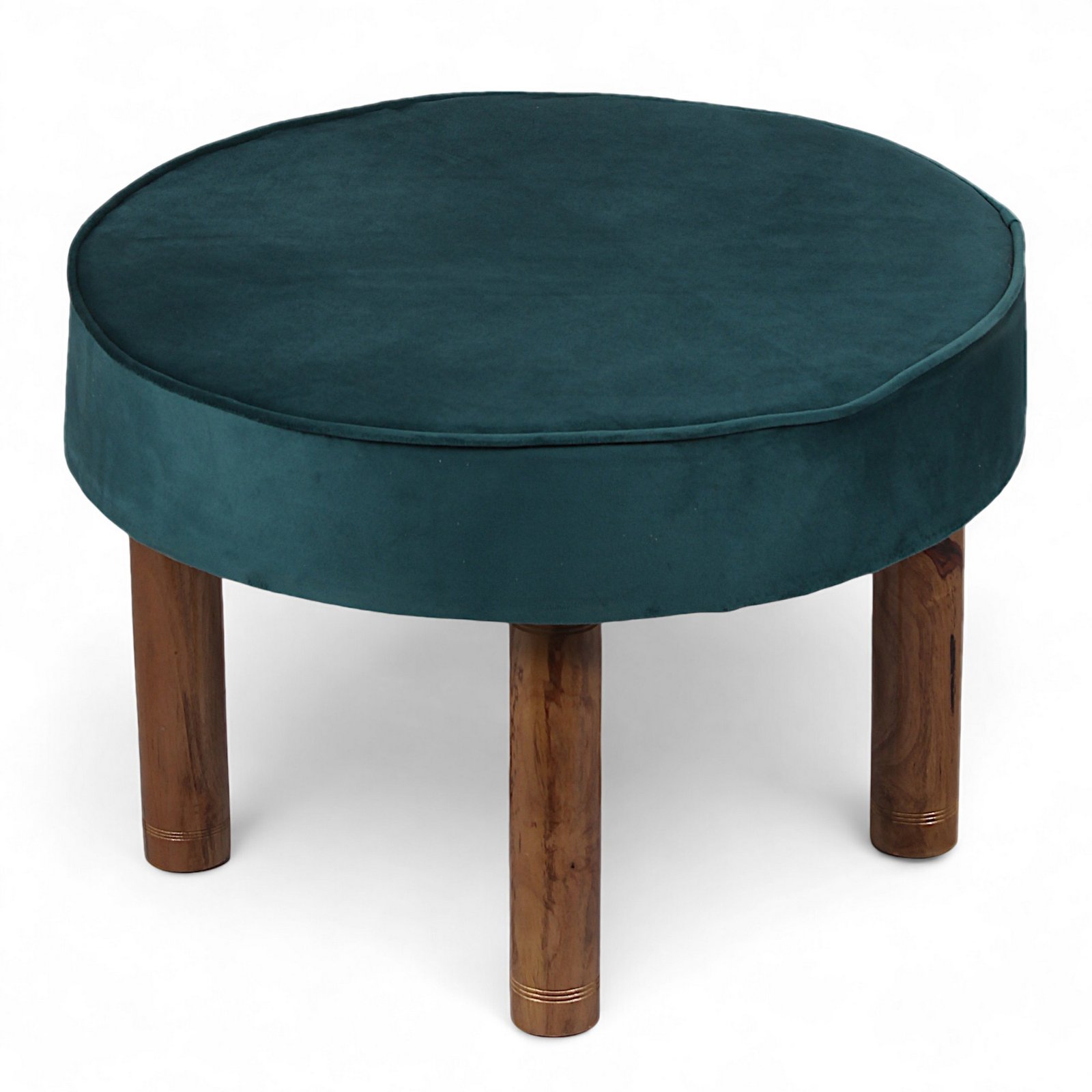 Ikiriya Sandford Acacia Wood Accent Round Set of 2 Pouf Stools in Turquoise Sea Velvet Upholstery - Image 2