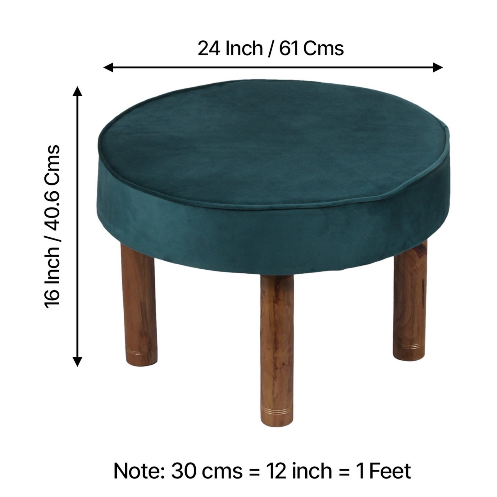 Ikiriya Sandford Acacia Wood Accent Round Set of 2 Pouf Stools in Turquoise Sea Velvet Upholstery - Image 4