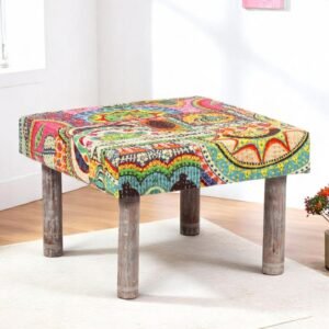Ikiriya Sandford Acacia Wood Bohemian Square Pouf Stool in Israel Print Patchwork Kantha Upholstery