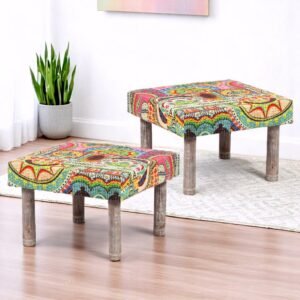 Ikiriya Sandford Acacia Wood Bohemian Square Set of 2 Pouf Stools in Israel Print Patchwork Kantha Upholstery