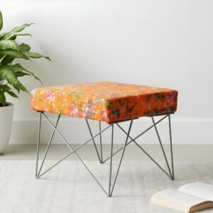 Ikiriya Asansol Sheesham Wood Mid Century Square Stool with Metal Legs in Bird Print Orange Kantha Upholstery