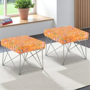 Ikiriya Asansol Sheesham Wood Mid Century Square Set of 2 Stools with Metal Legs in Bird Print Orange Kantha Upholstery